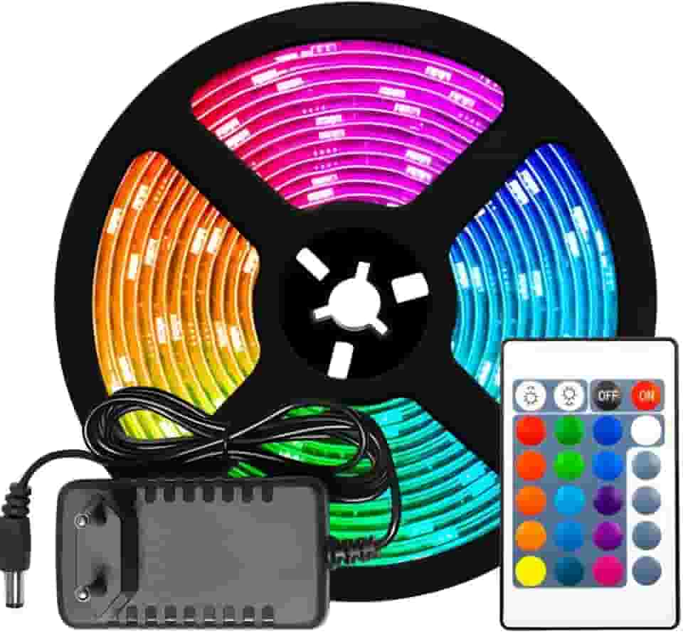 FITA LED RGB 5050 5 Metros Coloridas - A prova D'agua, Controle Remoto, Auto-Colante e Maleável KIT COMPLETO