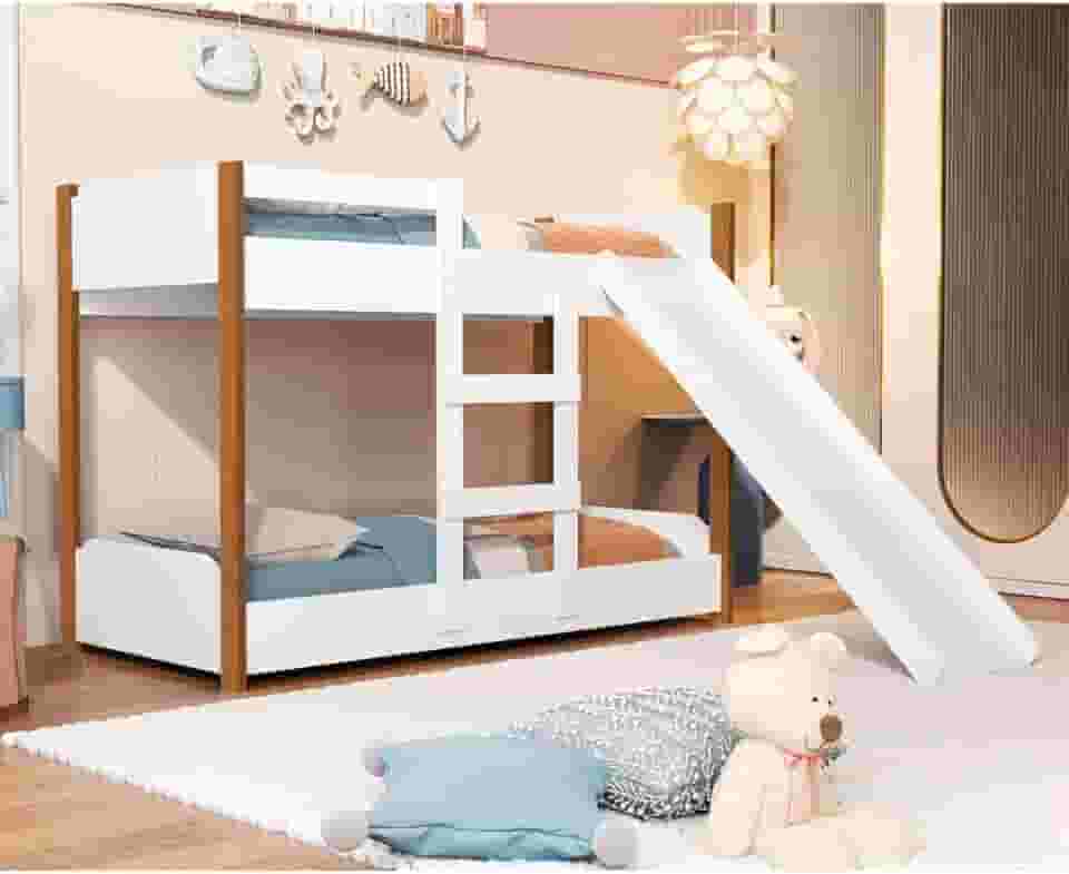 Beliche Infantil Flora com Escorregador Grade de Proteção e Escada Lateral Estrutura em MDF Design Divertido e Seguro para Crianças (Nature)