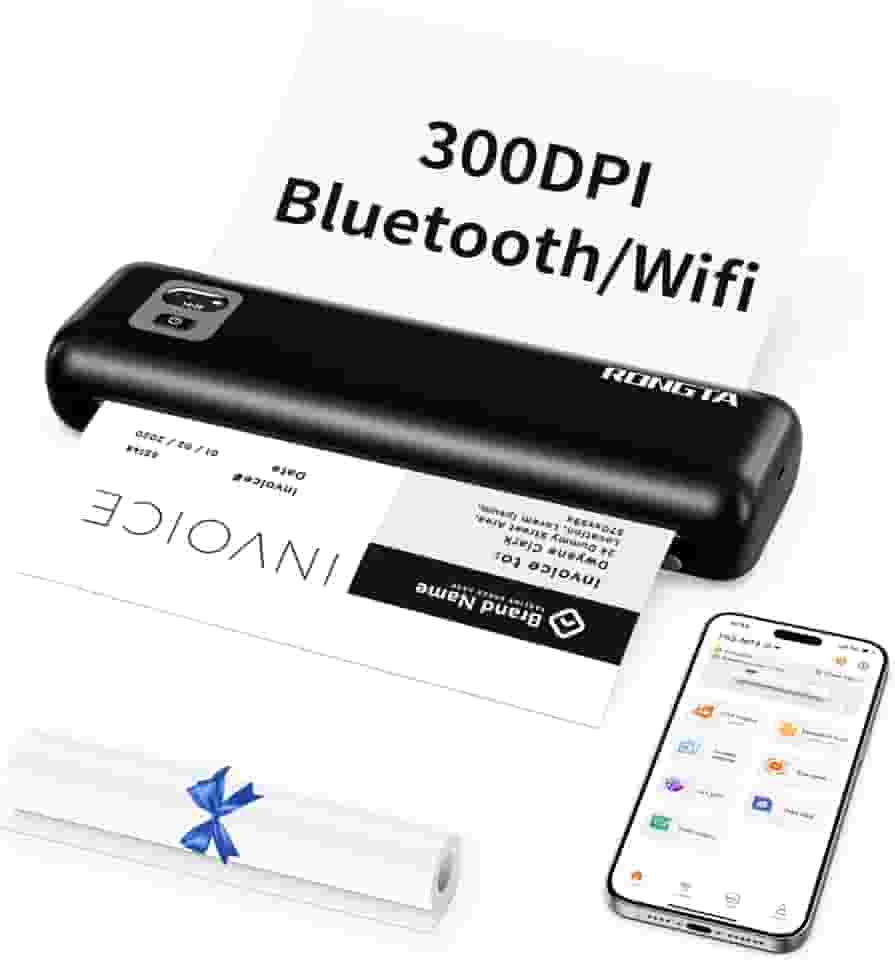 Rongta Impressoras portáteis sem fio para viagens, 300DPI WiFi e Bluetooth, impressora térmica sem tinta para uso escolar/escritório/casa, compatível com Android, iOS e laptop, preta (F82)