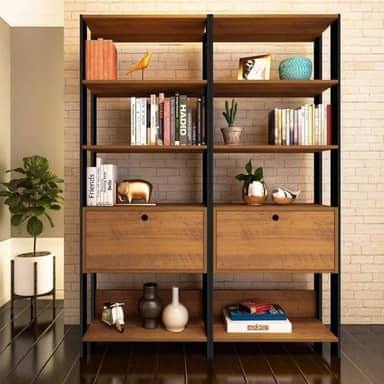 Conjunto 2 Estantes para Livros Industrial 2 Portas Mdp Match Espresso Móveis Pinho/preto