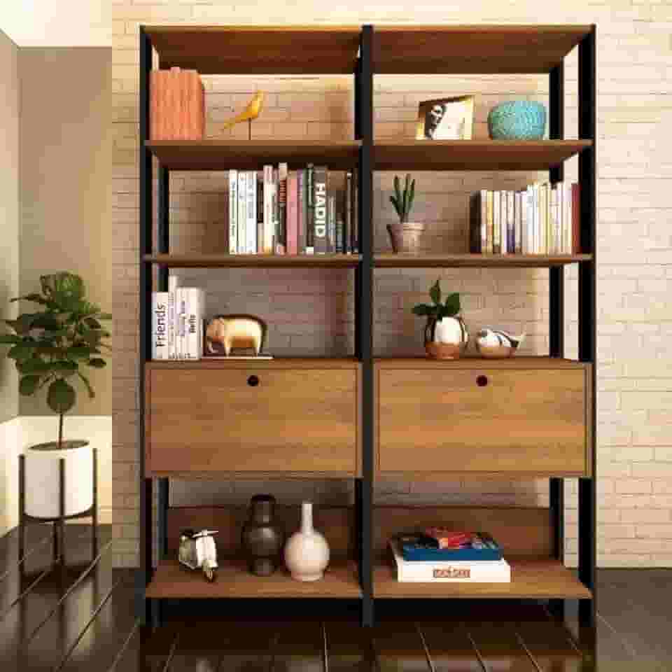 Conjunto 2 Estantes para Livros Industrial 2 Portas Mdp Match Espresso Móveis Pinho/preto