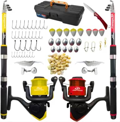 Kit de Pesca Completo com 2 Varas Telescópicas, 2 Molinetes, Anzóis, Boias, Chumbadas e Acessórios