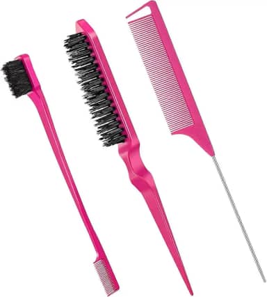 Kit de Escovas e Pente de Cabelo Para Penteado Profissional Para Homens e Mulheres, 3 Peças, Premium, Felix Magazine (Rosa)