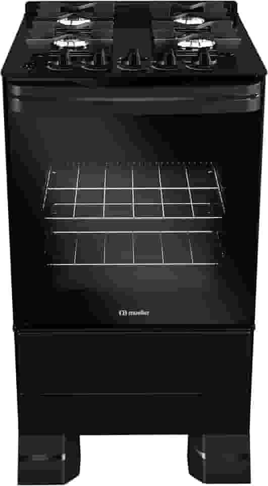 Fogão Mueller 4 bocas Preto com Mesa de Vidro e grades de ferro fundido Bivolt MFV4BF