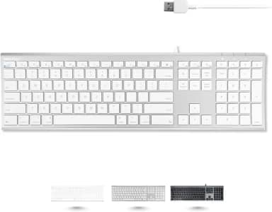 Macally Teclado de computador com fio USB ultrafino – compatível com teclado Apple ou Windows – Teclado de tamanho completo com 20 teclas de teclado Mac – com teclado numérico – Acabamento em alumínio