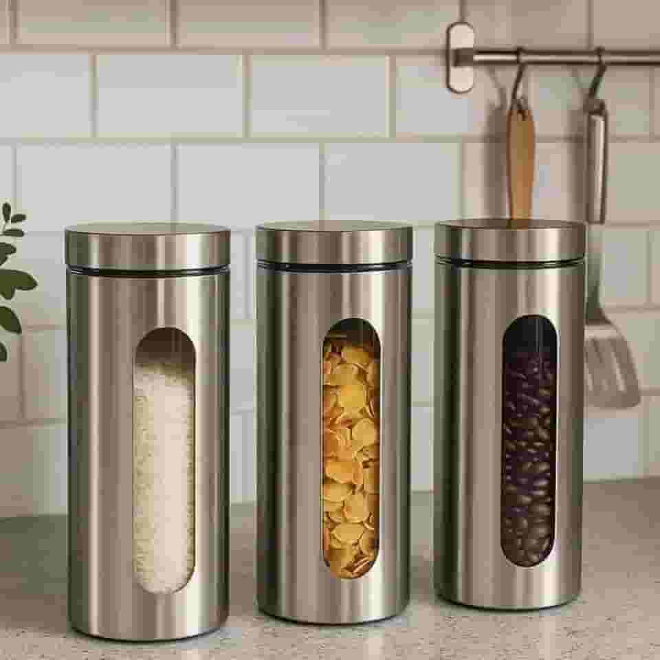 Kit Com 3 Potes Vidro Vítreo Grande Revestidos Em Inox 1,8L com Tampa Hermética e Visor - Ideal para Armazenar Macarrão, Arroz, Feijão, Açúcar, Grãos e Mantimentos - Organização Da Cozinha