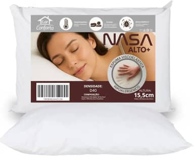 Travesseiro Nasa Alto+ 15,5cm Altura Viscoelástico D40 Hipoalergênico com Capa 180 Fios - Lar Conforto