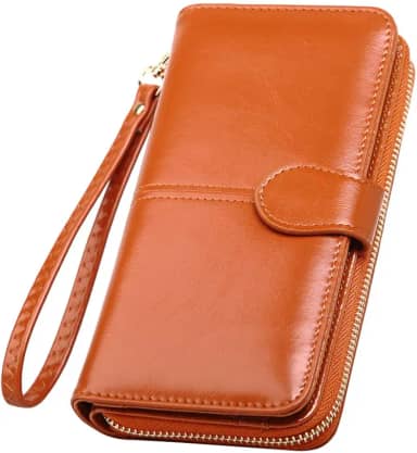 Carteira KesYOO de couro PU com zíper e fivela para cartão de crédito, porta-moedas, bolsa de mão para viagens, atividades ao ar livre, loja, casa, claret, Marrom, 19X9.5CM