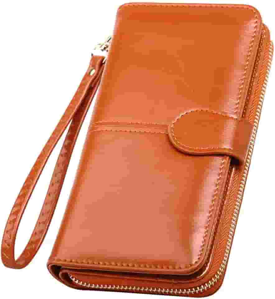 Carteira KesYOO de couro PU com zíper e fivela para cartão de crédito, porta-moedas, bolsa de mão para viagens, atividades ao ar livre, loja, casa, claret, Marrom, 19X9.5CM