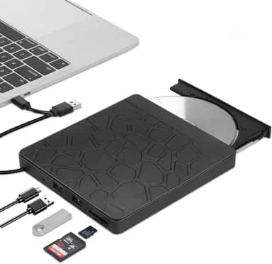 Unidade de DVD externa para laptop, USB 3.0 Tipo-C CD DVD +/-RW gravador de disco óptico, leitor de CD/DVD ROM portátil Zilynhom com 2 compartimentos para cartão e 3 portas USB, para desktop Windows 10/8/7 Linux Mac OS