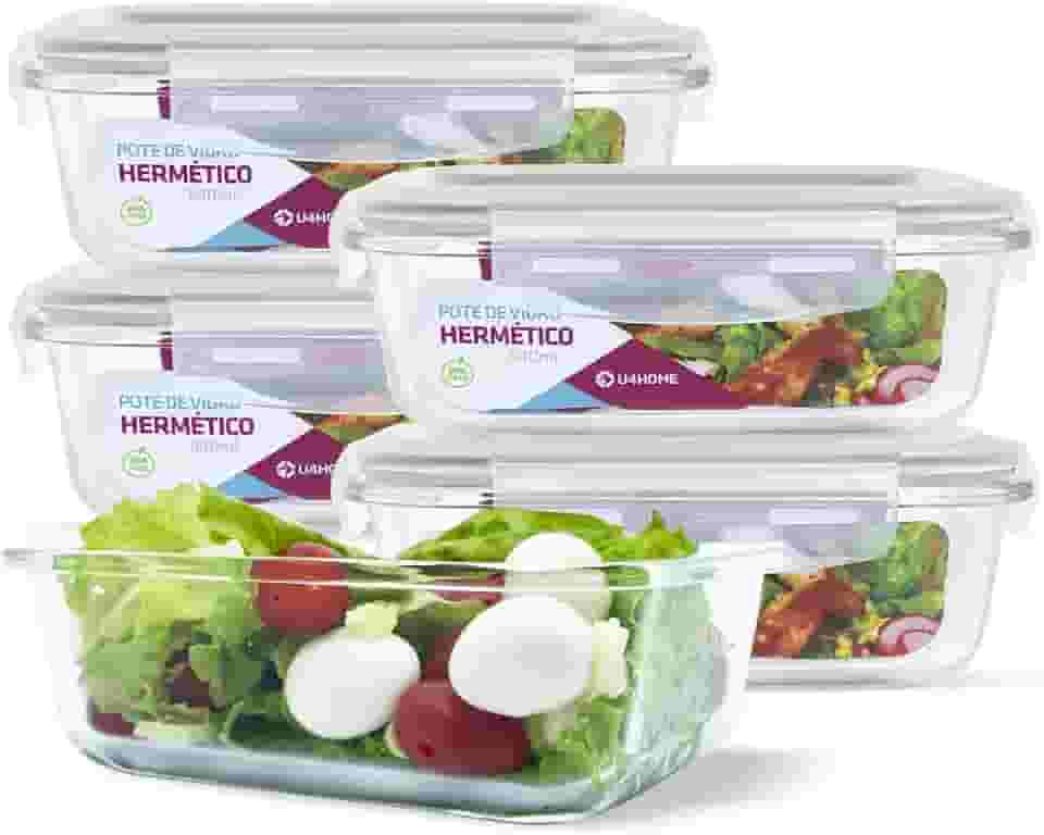 KIT 5 Potes de Vidro Retangular com Tampa Hermética 640ml Cor:Branco (QH)