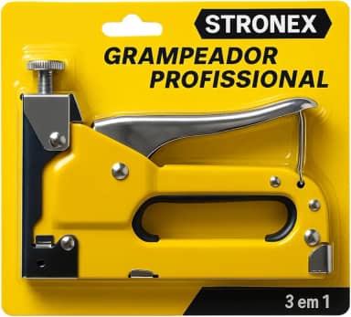 Grampeador Tapeceiro Profissional, Amarelo e Cinza, Alta Pressão, Compatível com 3 Tipos de Grampos,