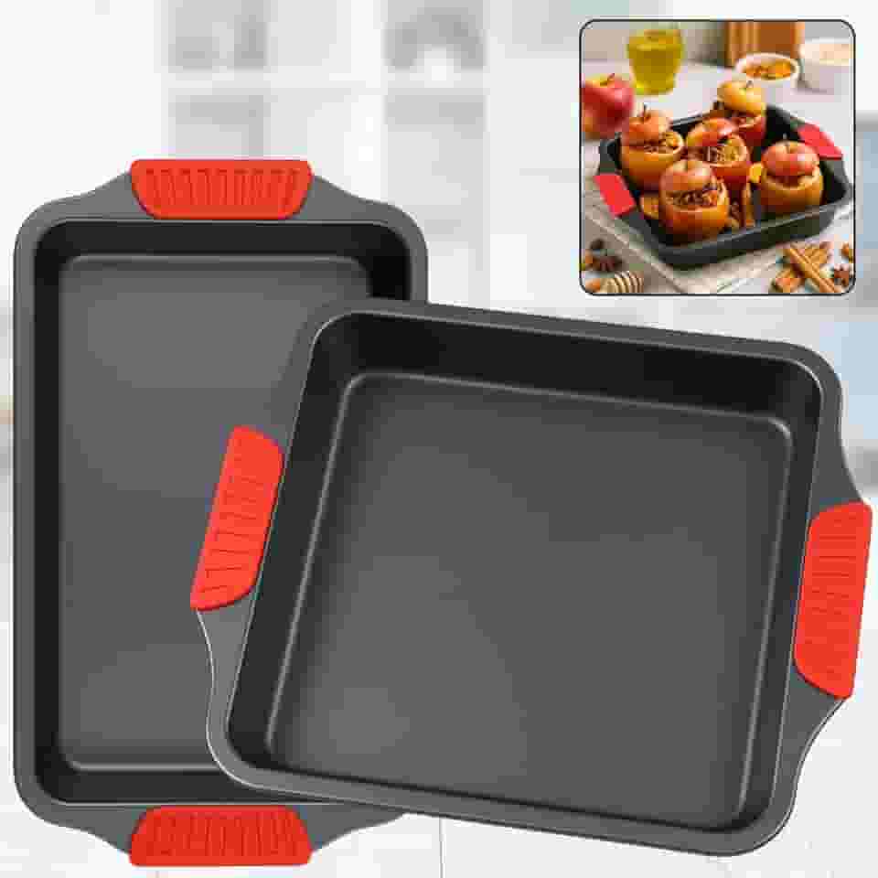 Kit 2 Assadeira Antiaderente - Aço Carbono Rerforçado com Teflon- Com Pegada De Silicone - Travessa Grande e Funda - Jogo De Forma Retangular Antiaderente - Para Forno - Bolo, Lasanha e Assados