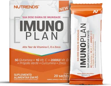 Imunoplan Imunidade com Glutamina, Vitamina C e D, Própolis Verde, Curcumina e Zinco, 20 Sachês, Sabor Laranja com Acerola