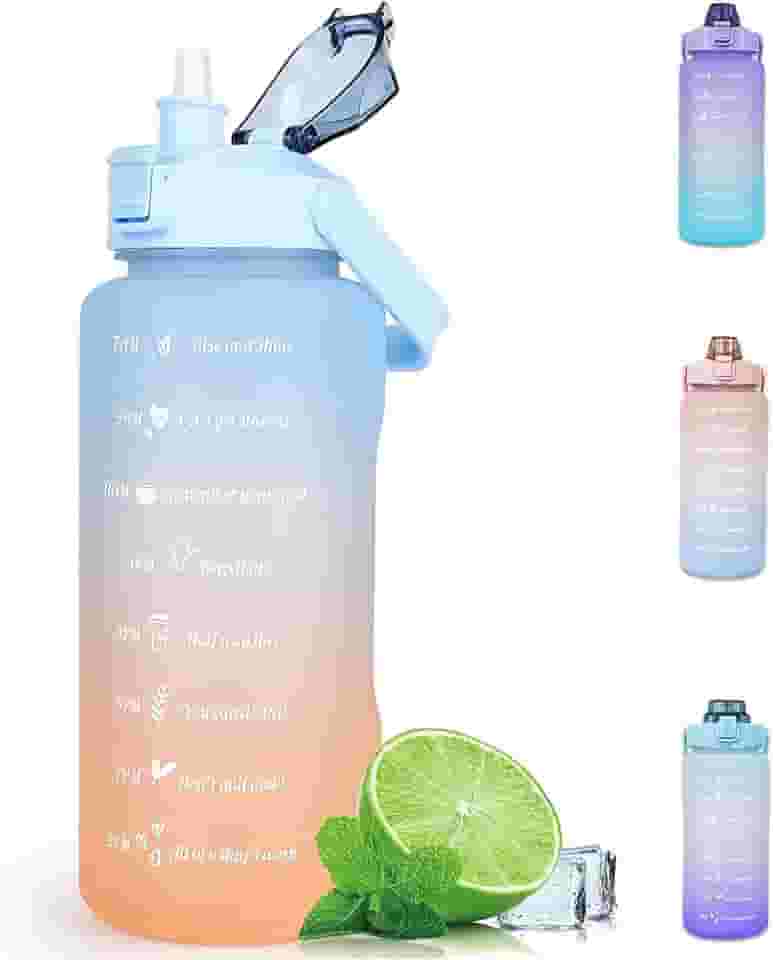 Garrafa de água 2 Litros, Garrafa água 2l com Canudo, Garrafa de água Motivacional, Prova de Vazamento, Livre de BPA e Reutilizável para Esportes, Academia, Acampamento, Tênis (Gradiente Azul/Laranja)