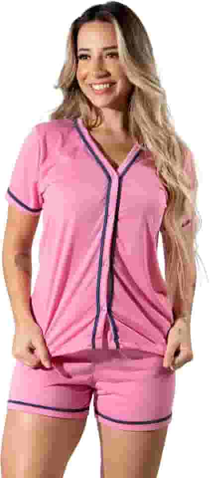 Pijama Curto Manguinha Blogueira Botão Aberto Adulto Amamentação