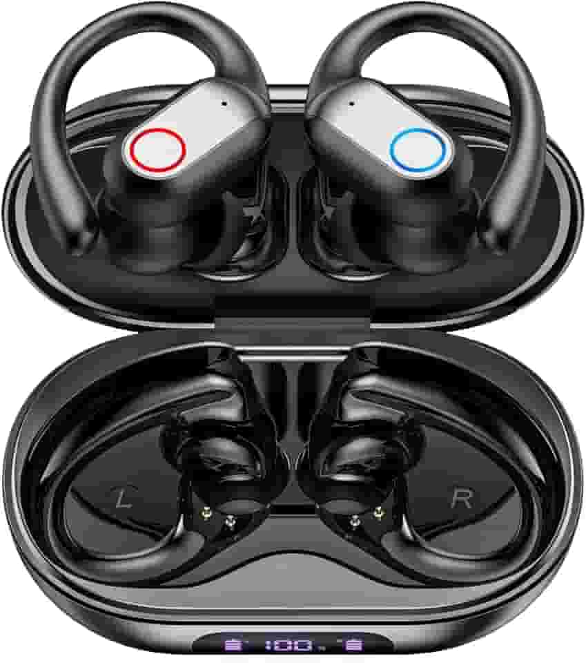 Fone Bluetooth Esportivo com Microfone e Cancelamento de Ruído Ativo Fones de Ouvido Abertos Sem Fio com Visor Digital de LED Bluetooth 5.3 48 Horas de Reprodução, Compatível com Android iOS, Preto