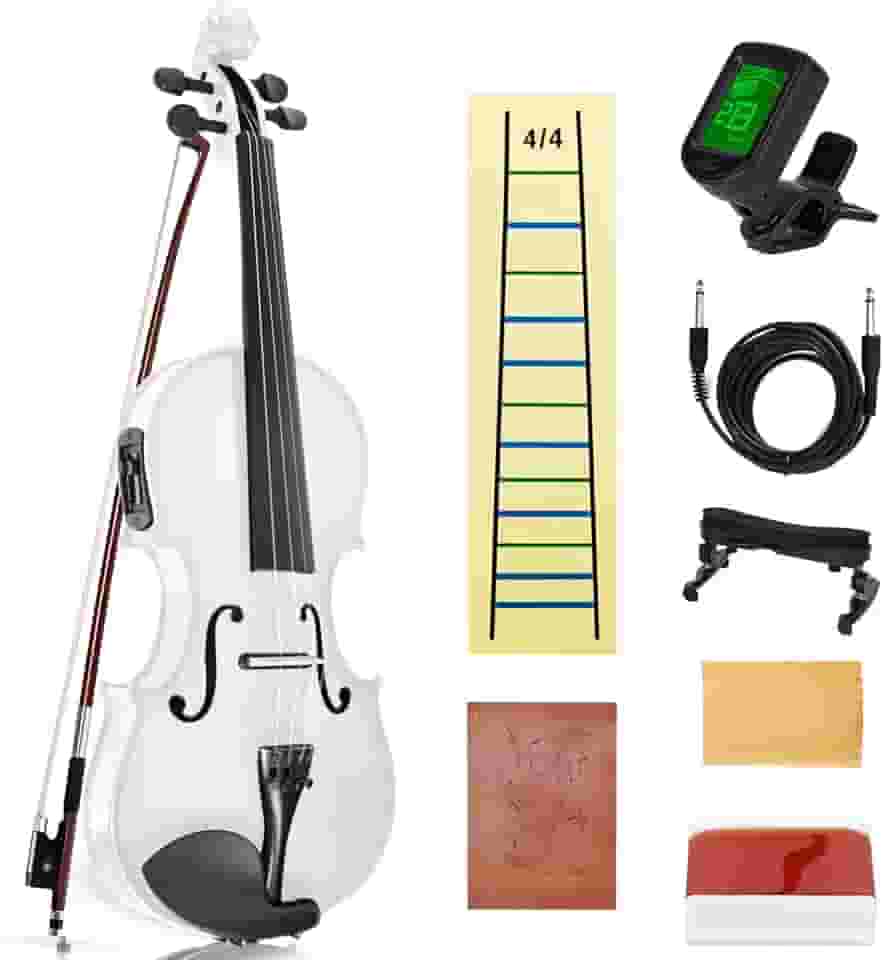 Violino elétrico/acústico com acessórios de ébano com estojo de transporte, arco de violino, ponte, resina, descanso de ombro, adesivos, afinador, instruções, artesanato com bordo, abeto (branco)