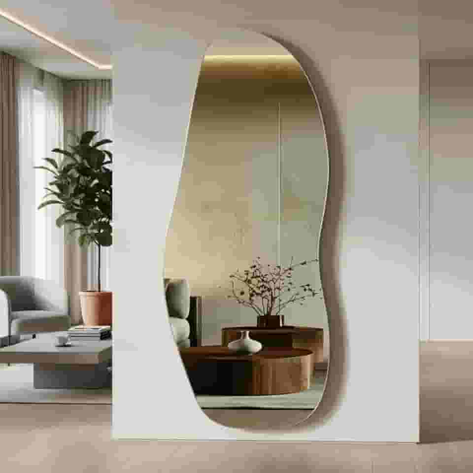 Espelho Grande Corpo Inteiro Orgânico 100X36cm com Moldura Preta Decorativo Ondulado Abstrato com Suporte para Parede