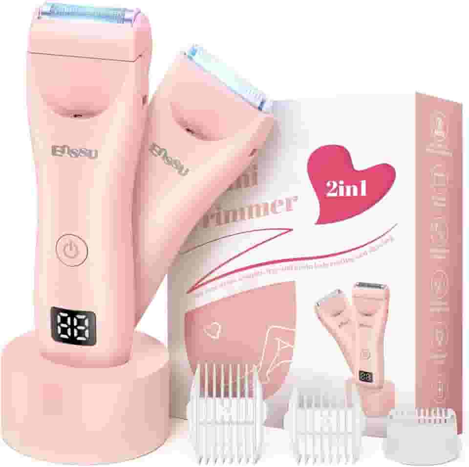 ENSSU Aparador de biquíni elétrico rosa para mulheres – 2 em 1 à prova d'água pelos pubianos e barbeador brasileiro com tela de LED, 3 pentes e bolsa de viagem (Cor-de-rosa)