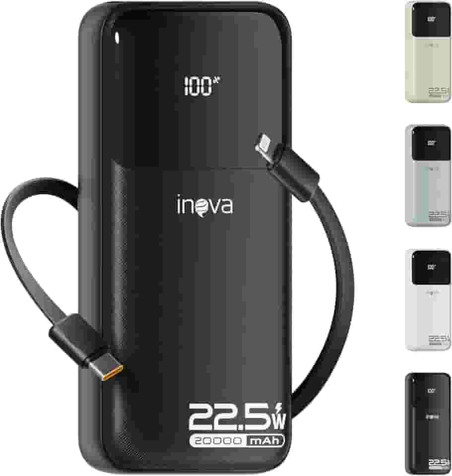 Power Bank 20000mAh, Carregadores Portáteis, Bateria de Carregamento Rápido com Cabo de Saída USB-C (22,5 W) e iOS (10 W) Integrado, Compatível com iPhone, Android, Samsung Etc (Preto)