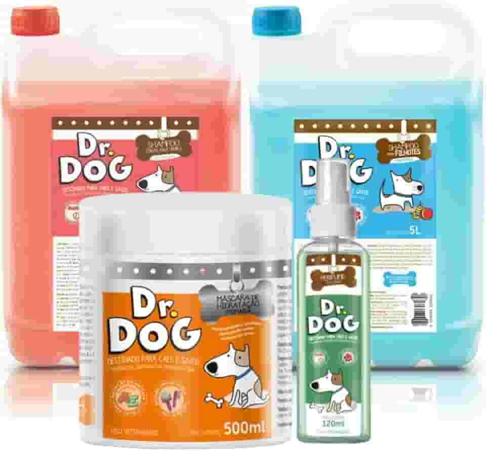 Kit Banho e Tosa Pet Shop: Shampoo Pet Neutralizador Hidratante Galão 5L Banho & tosa + Dr. Dog Shampoo Neutro Suave Filhotes Cachorros Gato + Perfume Pet Profissional + Máscara Hidratante
