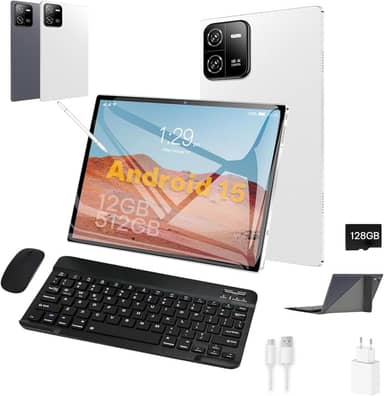3 em 1 Tablet, com Capa/Teclado/Mouse, 10.1 Polegada, 1920×1200 Tela, 1920x1200 Tela Processador Octa-Core, 12GB RAM+512GB ROM, Câmera de 16MP + 32MP, Android 15, 8000mAh, Versão WiFi (branco)
