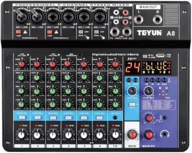 TEYUN Mixer de Áudio Profissional A8, 8 Canais, Bluetooth, USB, Phantom Power 48V, Placa de Som Digital, Ideal para Gravação Transmissão ao Vivo Podcast e Produção Musical em Casa 7/6/5/4/3 corredor