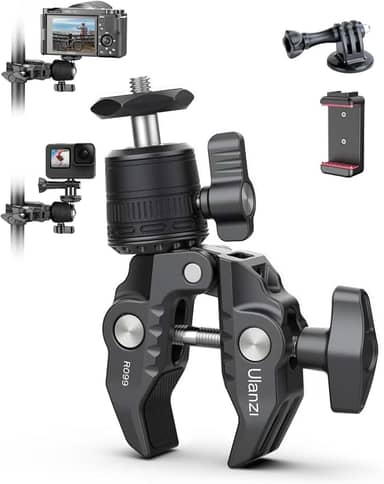 ULANZI R099 Suporte Super Clamp com Cabeça Esférica 360° - Grampo Metálico 1,5kg para Guidão de Bicicleta/Moto, Postes, Tubos, DSLR e Action Cams (GoPro/Insta360/DJI)