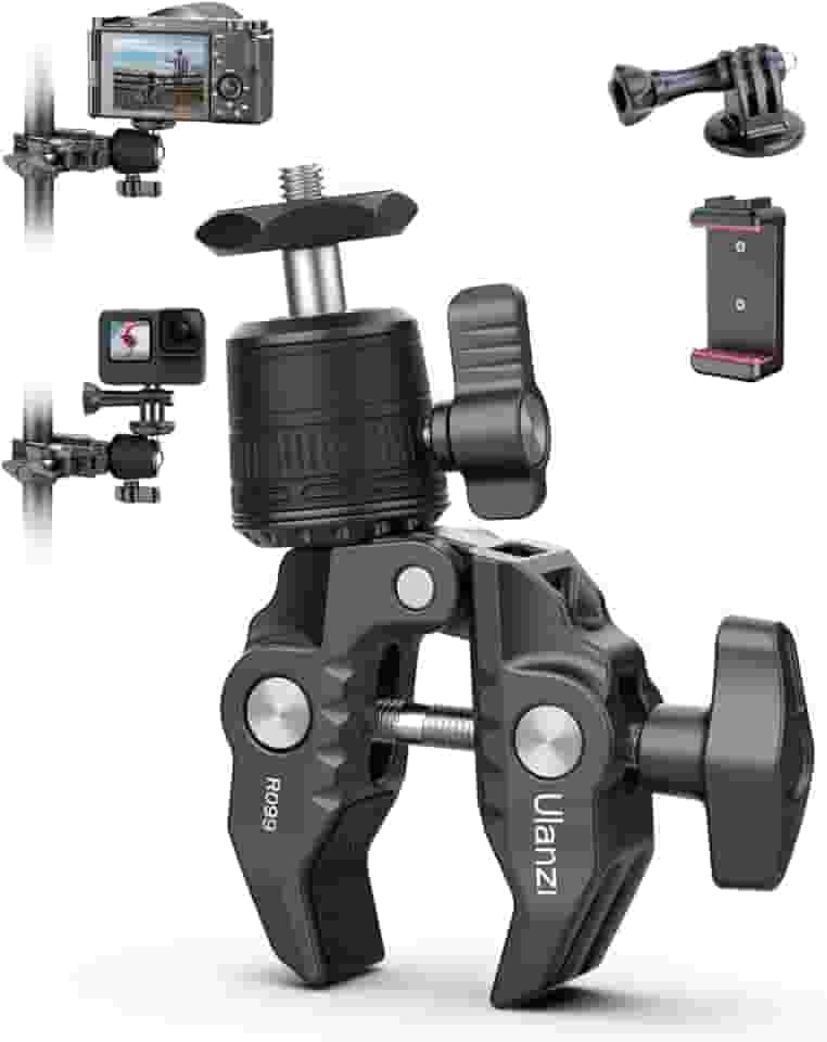 ULANZI R099 Suporte Super Clamp com Cabeça Esférica 360° - Grampo Metálico 1,5kg para Guidão de Bicicleta/Moto, Postes, Tubos, DSLR e Action Cams (GoPro/Insta360/DJI)