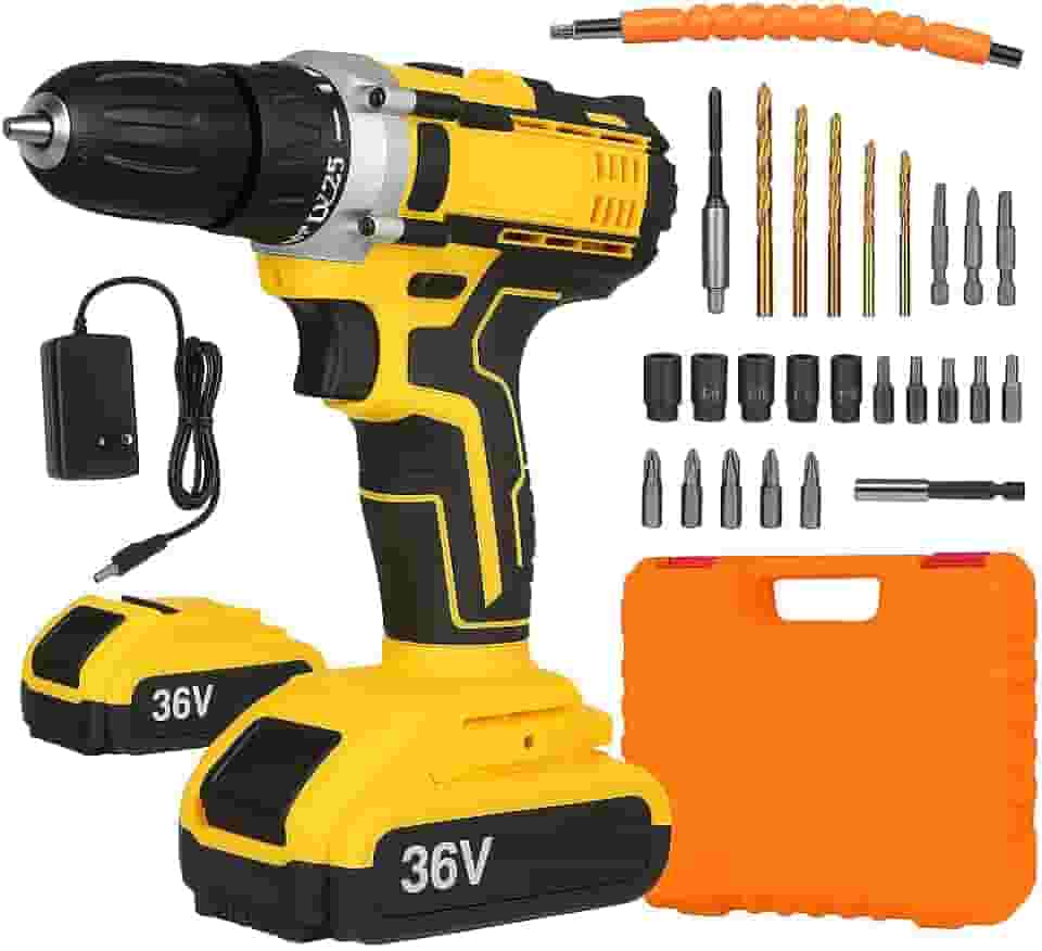 Furadeira Parafusadeira Sem Fio 36V com Maleta Completa, 2 Baterias Recarregáveis e Carregador Rápido, Amarela e Preta – Potência e Precisão Profissional