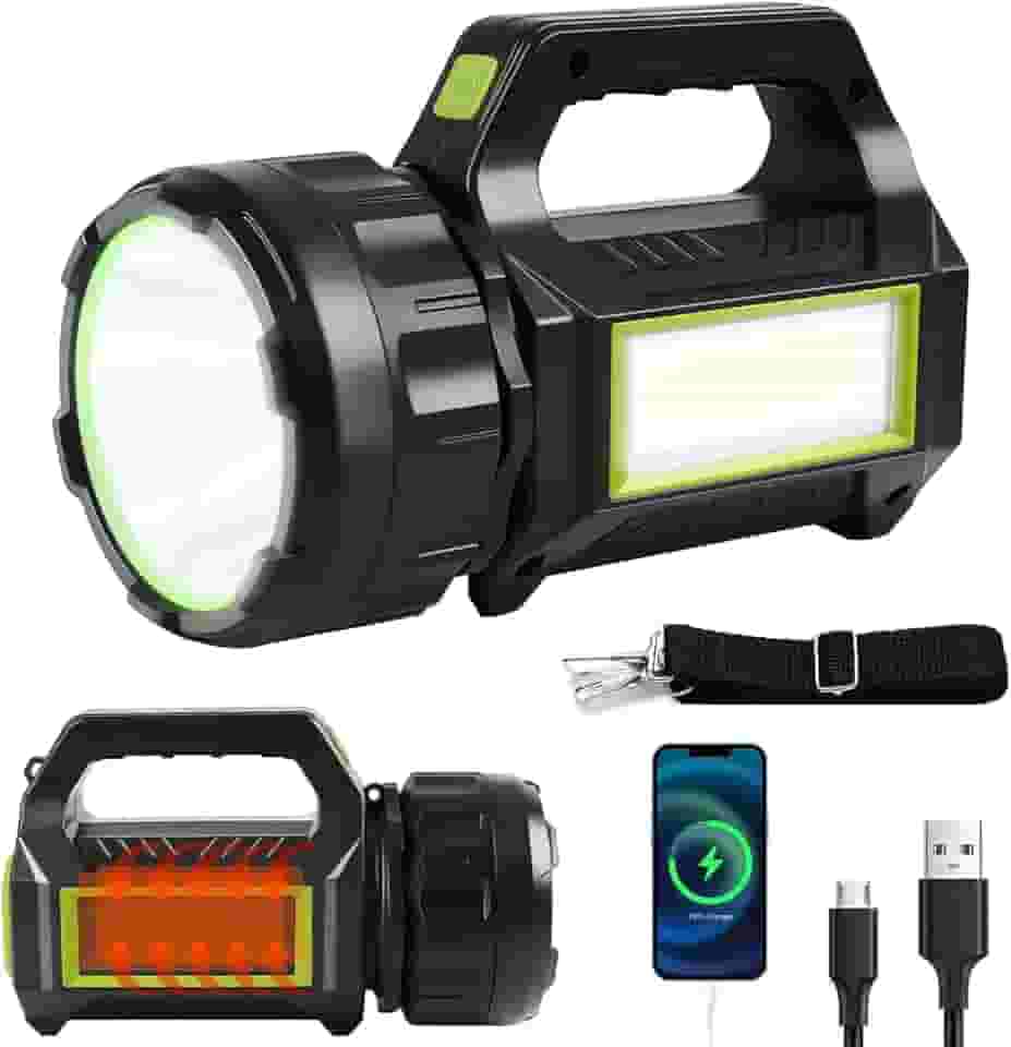 Lanterna Potente, Lanterna LED 100000 Lúmens, Lanterna Recarregável via USB e Solar 2200 mAh, Alcance de 500m, À Prova D'Água IPX4 e 7 Modos de Iluminação para Aventuras Ao Ar Livre