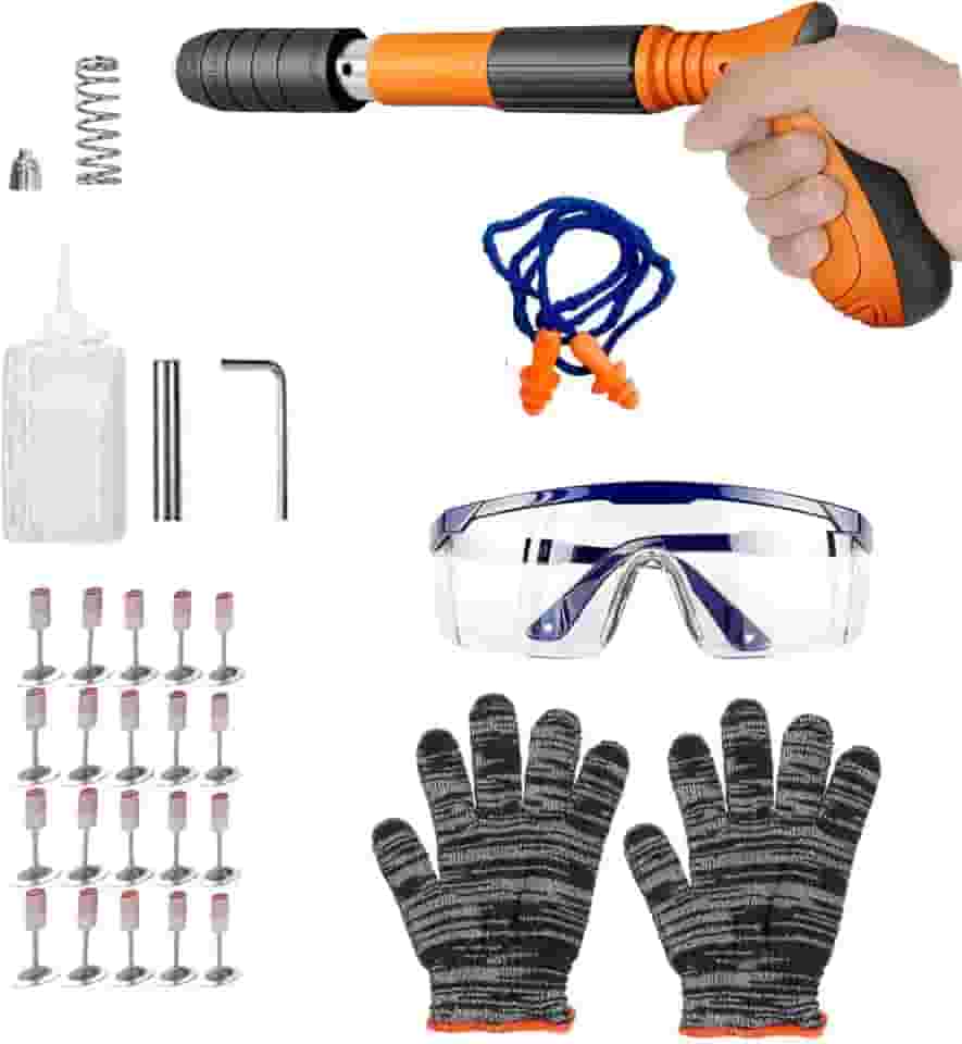 Pistola de Fixação Finca Pino, 30 cm, com 20 Rebites, Óculos de Proteção e Luvas. Pistola de Fixação Finca Pino Modelo Pistola com Rebites