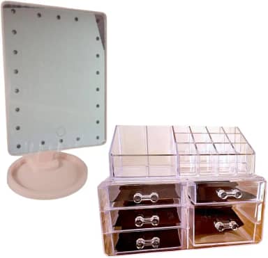 Kit Com Organizador De Acrílico E Espelho Led Para Maquiagem (Rosa)