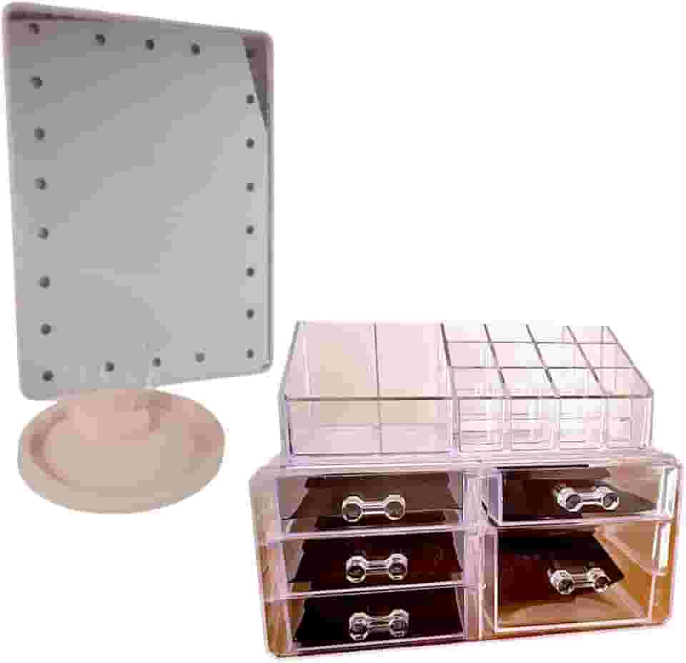 Kit Com Organizador De Acrílico E Espelho Led Para Maquiagem (Rosa)