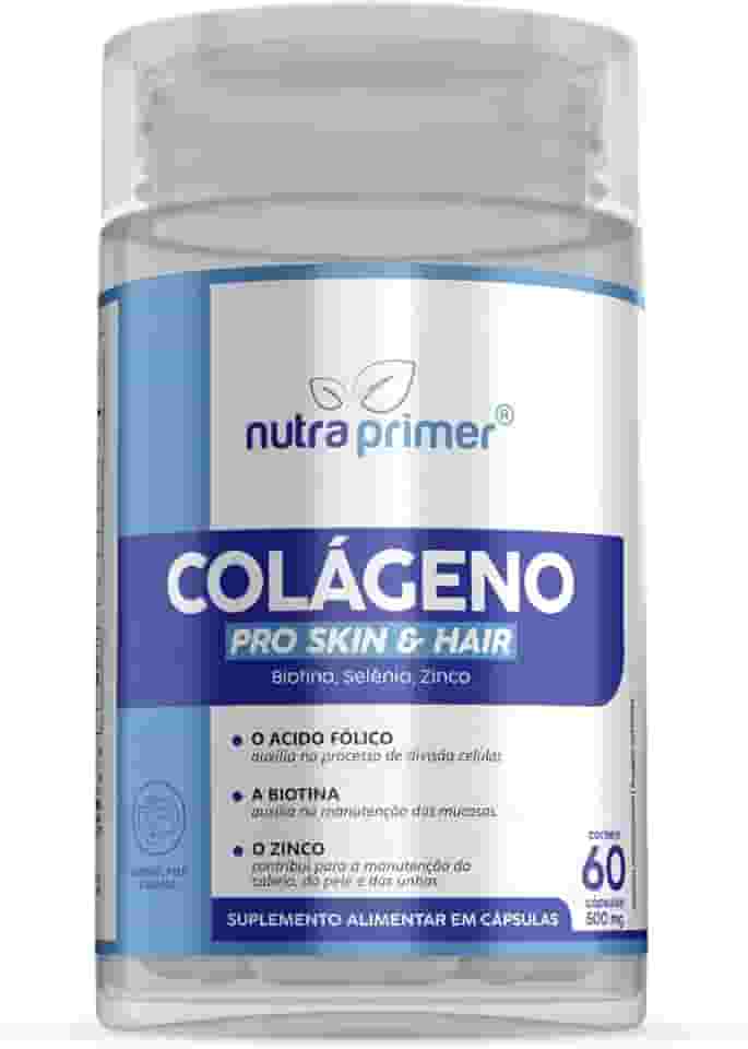 Colágeno PRO Skin & Hair Nutraprimer 60 Cápsulas de 500mg– Colágeno Hidrolisado com Ácido Hialurônico, Biotina, Q10, Zinco, Selênio e Ácido Fólico