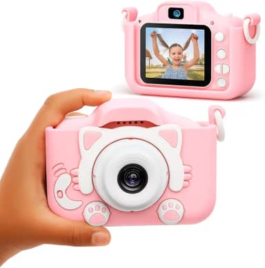 Camera Digital Infantil, Fotos e Vídeos, Modo Selfie, Filtros, Jogos, Bateria Recarregavel, Cordao e Case Antichoque para Crianças (Rosa)