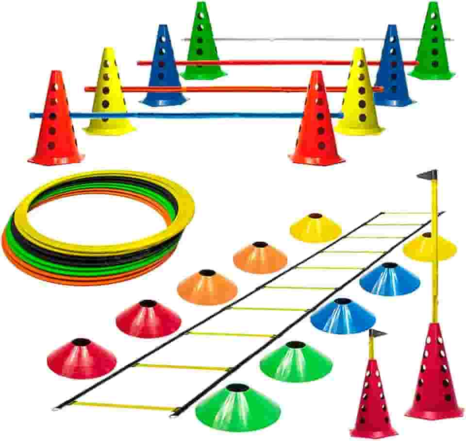 10 Cones C/ 5 Barreiras Desmontáveis + 10 Pratos + Escada Funcional Ajustável + 8 Argolas Agilidade Com Bolsa