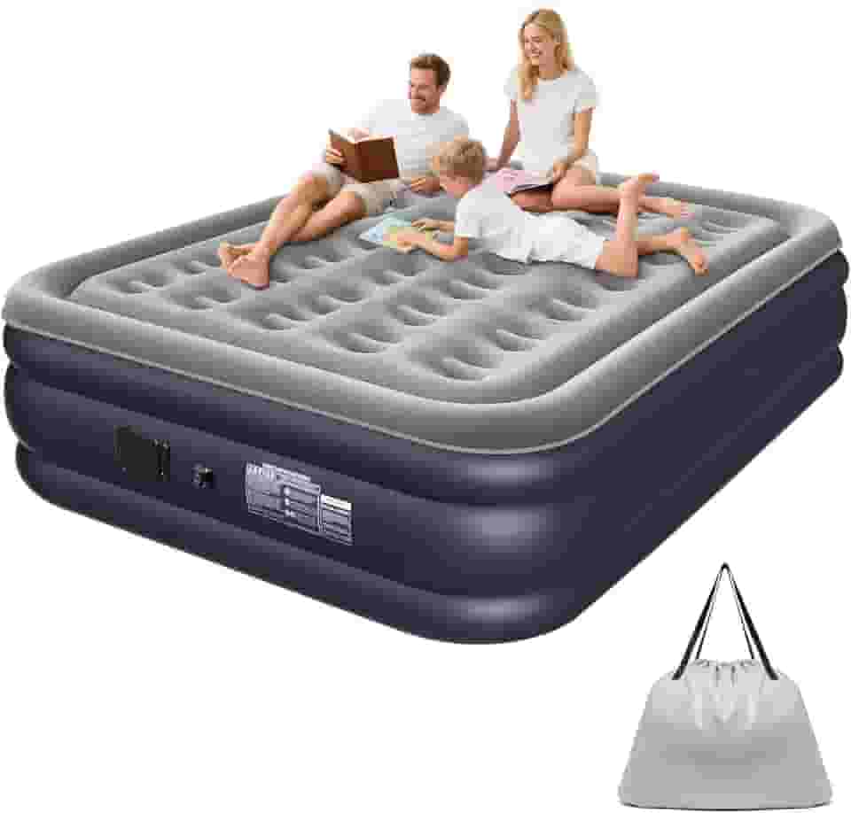 Colchão Inflável Queen Size 205 * 155 * 36 CM com Bomba de Ar Elétrica Integrada, Infiação e Deflação Rápidas e Automáticas, Recarregável, para Famílias e Camping - Azul Marinho