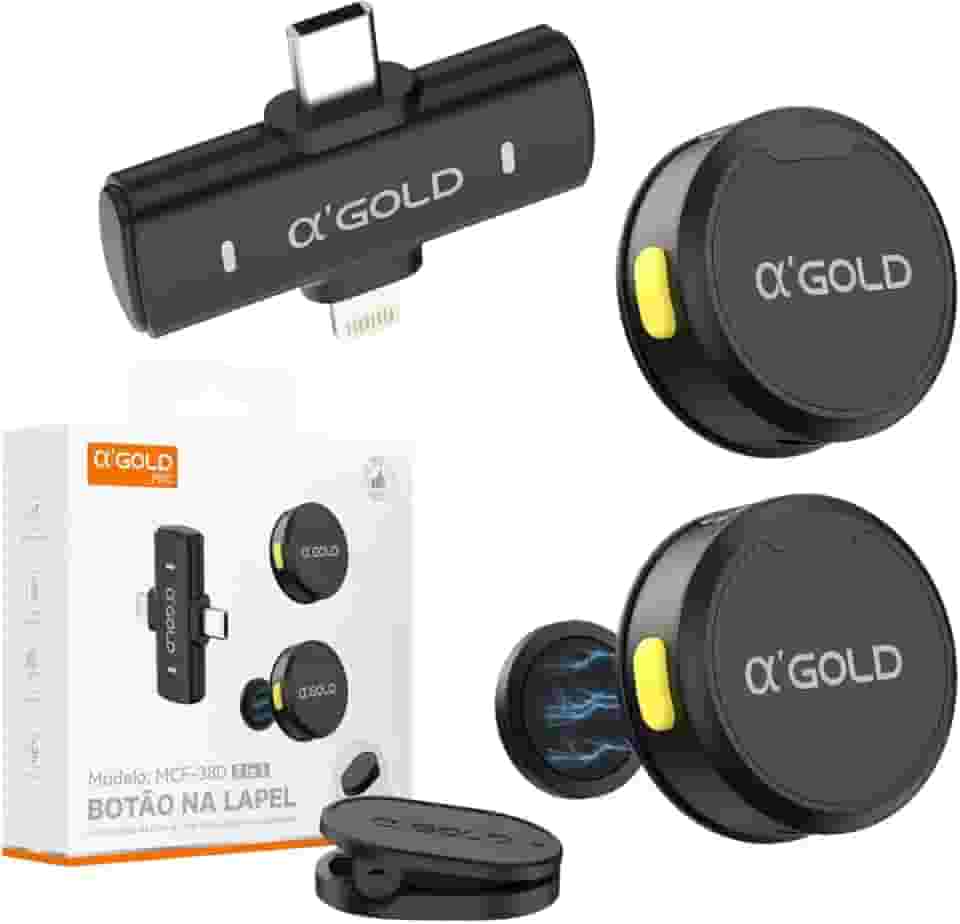 Microfone de Lapela Sem Fio Bluetooth Kit 2 Microfonones Abafamento de Ruído Até 10 Horas Tempo de Trabalho Compatível com Camera, iPhone, Android, PC - Conexão Android e USB-C - Linha AGold Premium