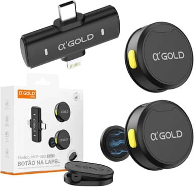 Microfone de Lapela Sem Fio Bluetooth Kit 2 Microfonones Abafamento de Ruído Até 10 Horas Tempo de Trabalho Compatível com Camera, iPhone, Android, PC - Conexão Android e USB-C - Linha AGold Premium