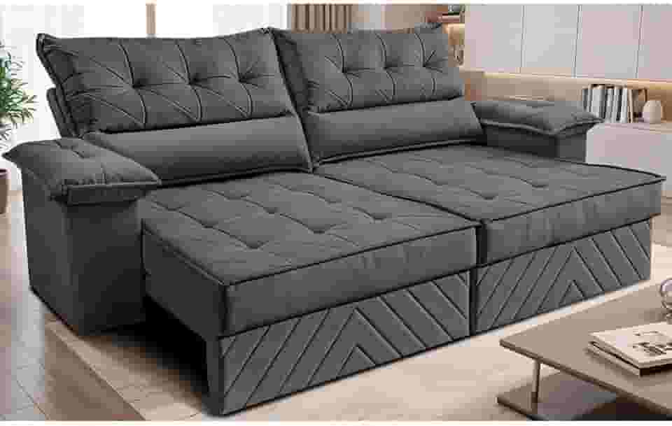 Sofá Retrátil e Reclinável 2,10m com Molas e Espuma D33 Thunder Velusoft Cinza Cama Inbox