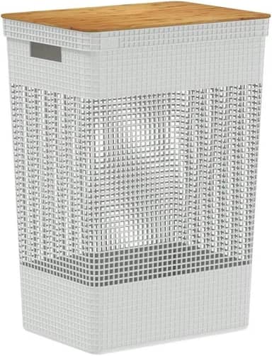 Ou Cesto de roupas 49L com tampa de bambu Branco Oceano Linha Grid