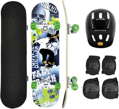 Skate Infantil Caveira Madeira 78,5cm até 50kg + Kit de Proteção, DM Radical