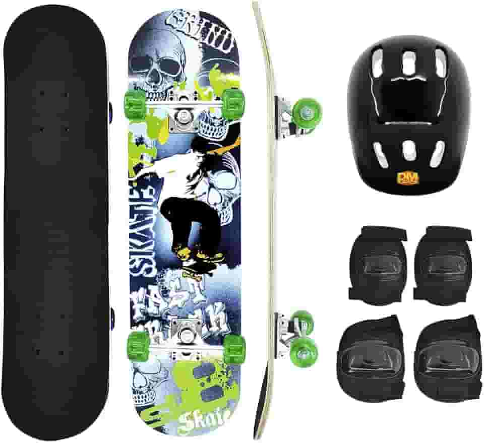 Skate Infantil Caveira Madeira 78,5cm até 50kg + Kit de Proteção, DM Radical