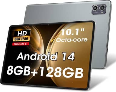 Azeyou Tablet Android 14 atualizados 2025, processadores Octa-core para tablet de 10,1 polegadas com 8 GB de RAM, 128 GB de ROM, tela sensível ao toque IPS, Wi-Fi 6, BT 5.0, câmera dupla, bateria de