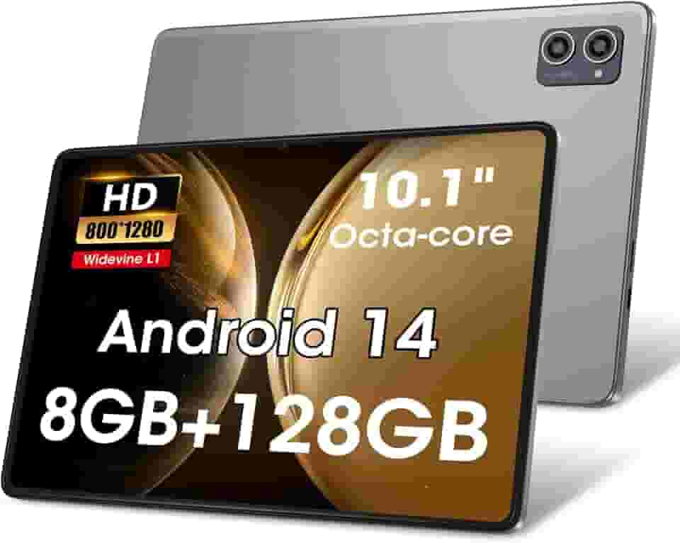 Azeyou Tablet Android 14 atualizados 2025, processadores Octa-core para tablet de 10,1 polegadas com 8 GB de RAM, 128 GB de ROM, tela sensível ao toque IPS, Wi-Fi 6, BT 5.0, câmera dupla, bateria de