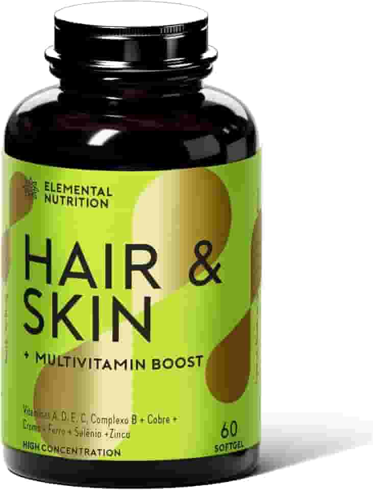 Multivitamínico Hair Skin, Elemental Nutrition, Para Cabelo, Pele e Unhas, Vitaminas A, C, D, E, Complexo B, Zinco e Selênio – 60 Cápsulas
