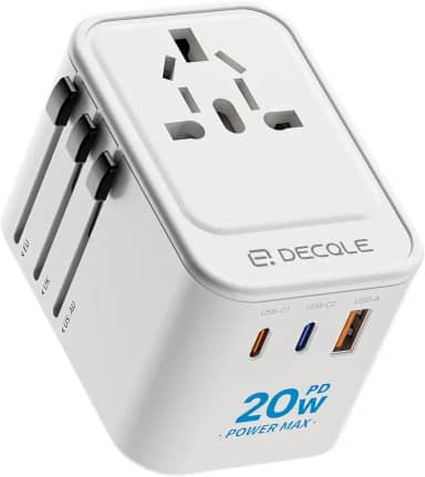 Adaptador de tomada universal, adaptador de viagem com 2 USB-C (PD 20W) e 1 USB-A, adaptador universal para UE, Reino Unido, americano, Canadá, Austrália e 224 país(branco)