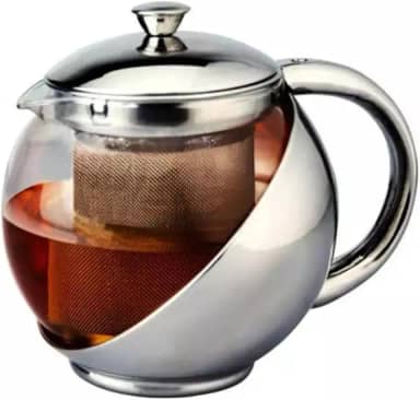 Chaleira de Vidro Borossilicato com Infusor, 1000ml, 14cm, Compatível com Fogão a Gás, Elétrico e Indução, Tampa e Proteção de Inox, Alça Ergonômica, Resistente à calor, Para chá, Água